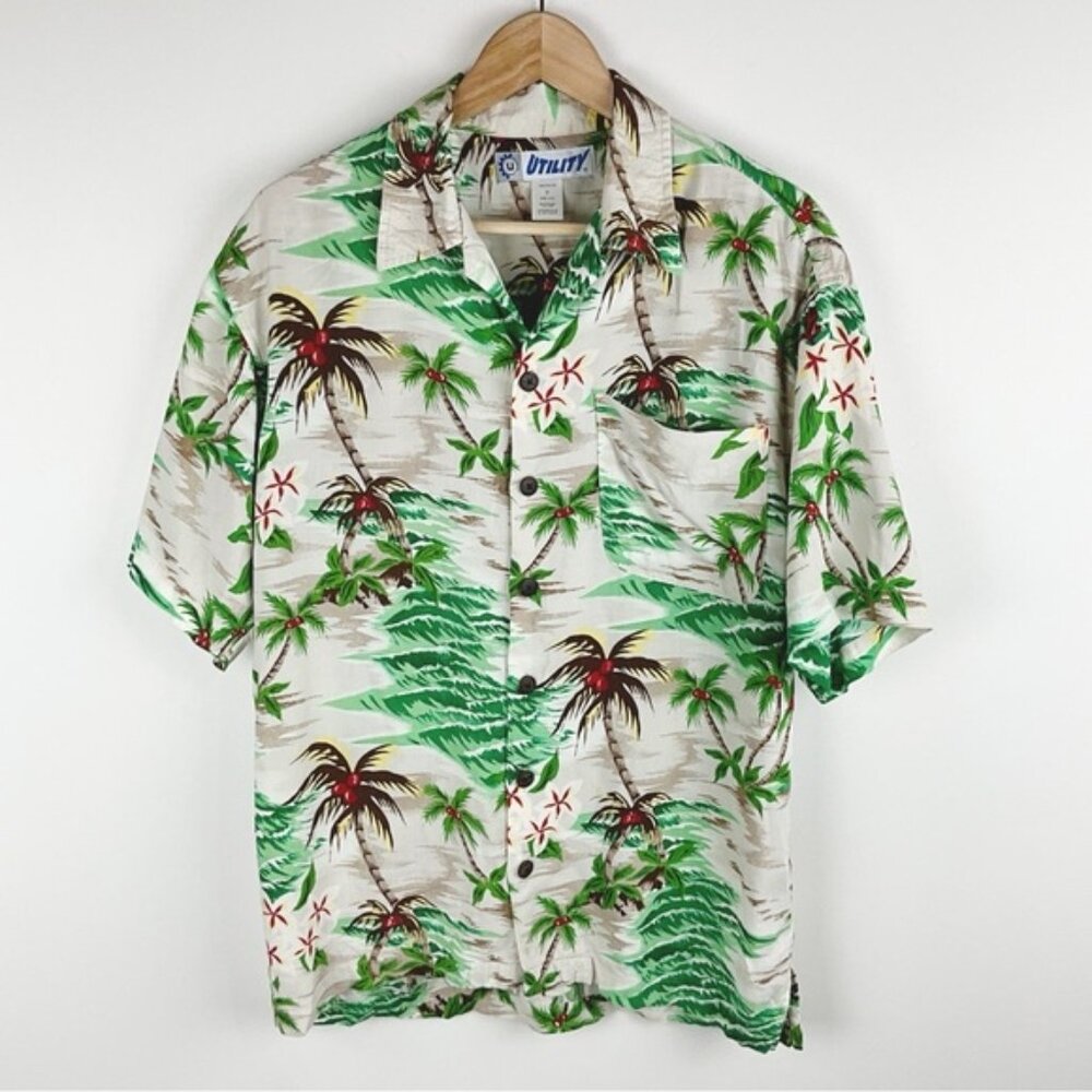 Utility Shirt Mens Small Button Up Y2K 90s Hawaiian Tropical Vacation Palm Beach